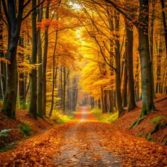 In a serene forest, a winding path is blanketed in vibrant autumn leaves
