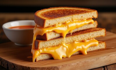 Melted cheese sandwich on wooden board