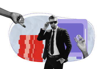 Creative photo collage young businessman entrepreneur sunglass formalwear trader coin stack earnings profit deposit bank security