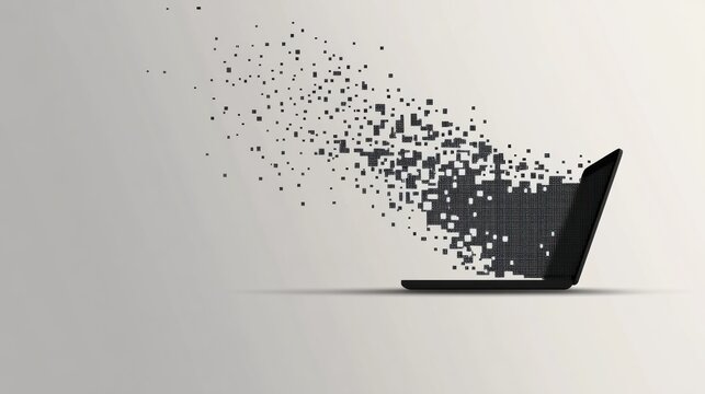 A laptop opens to reveal an artistic array of pixel elements dispersing, representing creativity and modern technology in action. Generative AI