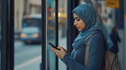 A young woman in a hijab checks her phone with focus while waiting for the bus at a city stop