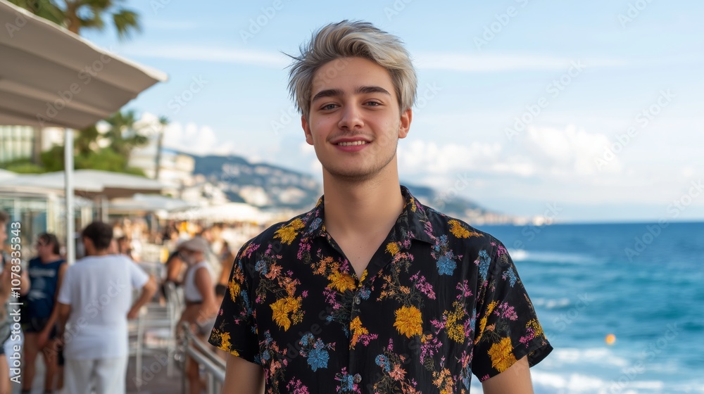 Wall mural Young politician with light skin and spiked hair enjoying beachfront view for political campaign concept