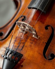 Fototapeta premium Violin with a black bow and a brown wooden bridge. The bridge is made of wood