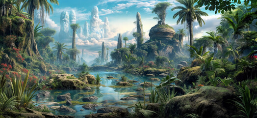 Imaginary Jungle in tropical aspect with palms and many plants and a water lake on an unknown planet with far high mountains into a cloudy sky