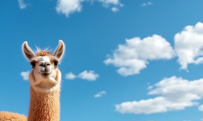 Obraz premium A brown llama looks directly at the camera with a blue sky and white clouds in the background.
