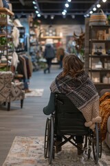 Woman in a wheelchair is sitting in a store. She is wearing a blanket and has a handbag