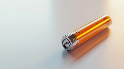 A single alkaline battery with metal and plastic textures, isolated on a bright white surface.