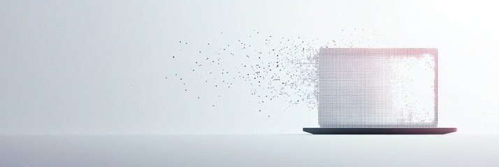 A sleek laptop is disintegrating into pixels on a minimalistic surface, illustrating the fusion of technology and creativity. Generative AI