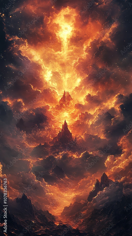 Poster a fiery orange sky with dramatic clouds and a mountain range in the distance.