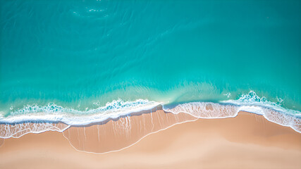 Obraz premium Summer seascape beautiful waves on sandy coast, blue sea water in sunny day. Top view from drone. Sea aerial view, amazing tropical nature background. Beautiful bright waves splashing pattern. Ai gen