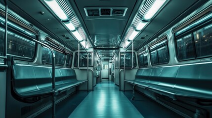 Obraz premium Inside a sci-fi inspired bus, the empty interior highlights spacious seating and bright overhead lights, creating an ambiance of advanced urban transportation