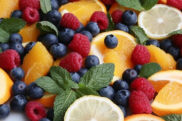 Obraz premium A close-up of fresh blueberries, raspberries, orange slices, lemon slices, and mint leaves.