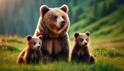 Obraz premium A mother bear and her two cubs sit in a peaceful meadow, embodying familial bonds in nature