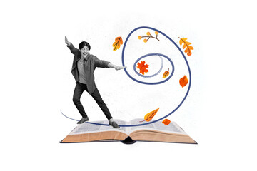 Creative abstract template collage of active energetic young man sitting book reading autumn orange leaves wind weather season magazine ad