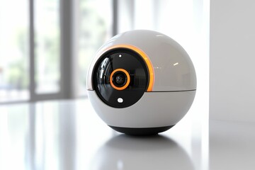 A white spherical security camera with orange accents.