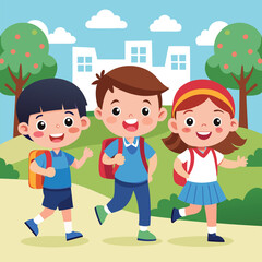 Three School Kid Happily Going Their School Vector