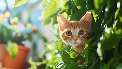 A curious orange kitten peeks out from behind a leafy green plant.