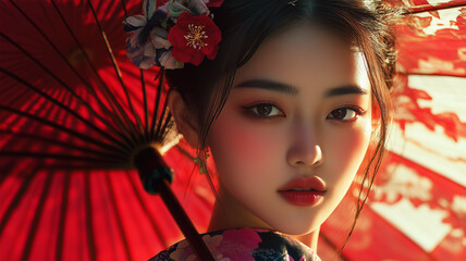 和傘を持つ美しい着物姿の女性のポートレート