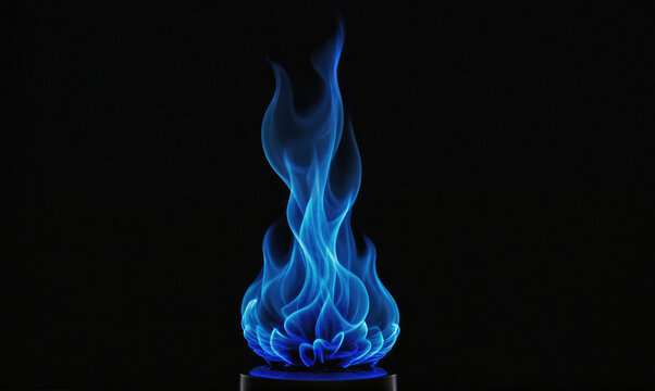 A blue flame burns brightly against a black background