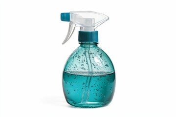 Blue spray bottle with clear liquid.