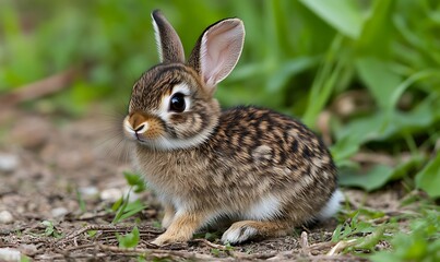 Fototapeta premium A cute baby rabbit with brown fur and white belly sitting in the grass.