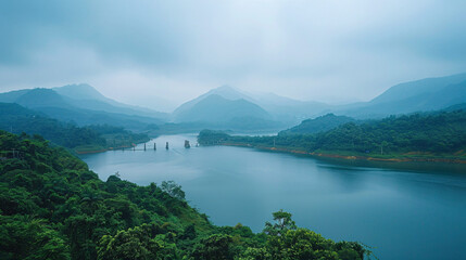 A serene landscape featuring a misty lake surrounded by lush green hills, creating a tranquil, picturesque scene.