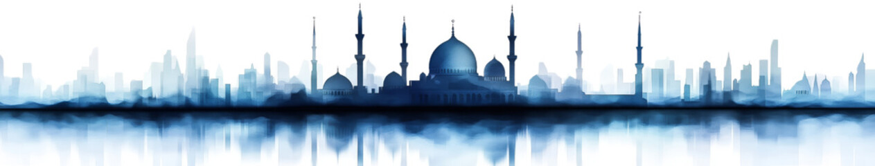 Fototapeta premium Silhouette of a Mosque with Minarets and Domes, PNG transparent background