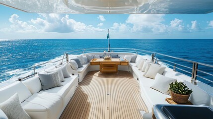 Obraz premium A beautiful, modern yacht on the ocean, with a spacious deck and comfortable seating.