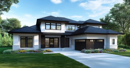 Modern Architecture Sketch of Two-Story House with Garage