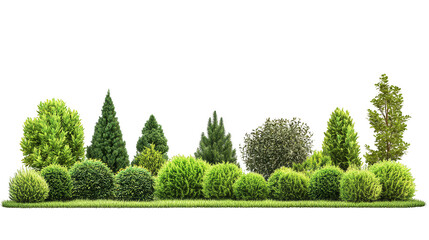 A row of trees with bushes in between