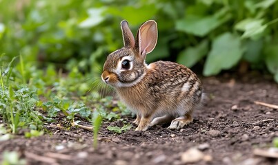 Fototapeta premium A cute, brown rabbit with long ears sitting in a patch of green grass.