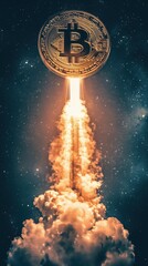 A Bitcoin soaring into space, symbolizing growth and innovation in cryptocurrency.