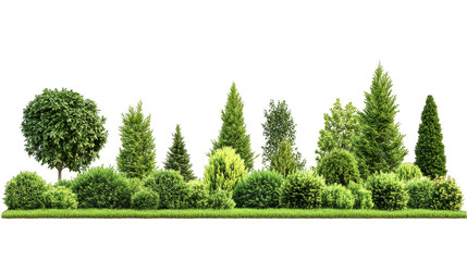 A row of trees with bushes in between