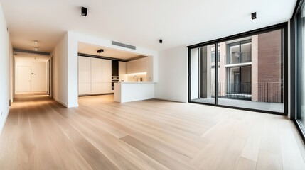 Fototapeta premium Modern empty apartment interior with wooden flooring, an open kitchen layout, white cabinetry, and large glass balcony doors.