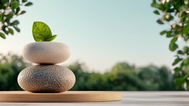 A serene arrangement of stacked stones with a green leaf, symbolizing tranquility and balance in a natural setting.