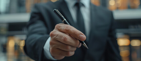 close up hand businessman stand in black suit pointing a pen at front camera and copy space out door office building
