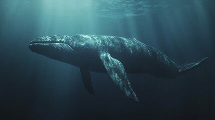 Fototapeta premium A humpback whale swims through the blue ocean as sunlight beams through the water.