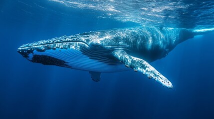Fototapeta premium A humpback whale swims through the blue ocean as sunlight beams through the water.