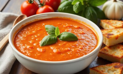 Delicious tomato basil soup with garlic toast