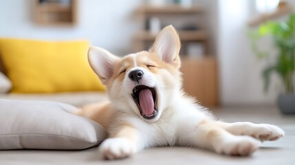 A cute corgi puppy yawns while lying on a pillow on the floor.