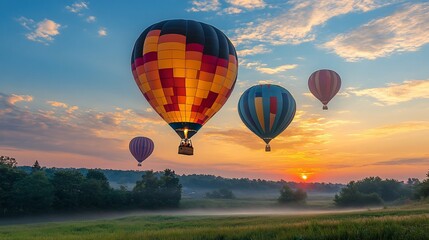 Naklejka premium Four hot air balloons rise above a field as the sun rises.