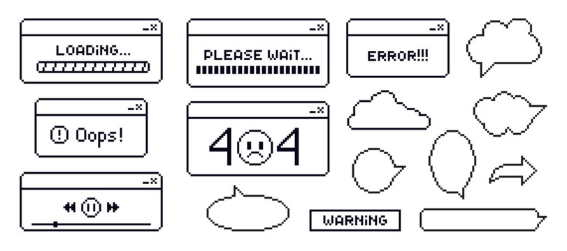 Retro browser computer window in 90s style. Message boxes and popup user interface elements. Vector black and white illustration.