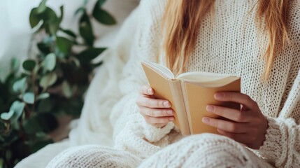 Woman journaling for stress relief bright background clean layout  copy space