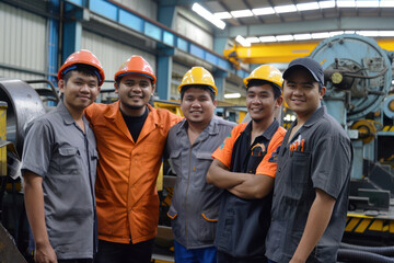 engineer study team training skill in workshop at factory mechanical engine production