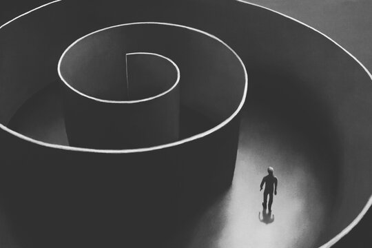 Illustration of man lost in a circular maze, mind prison abstract concept