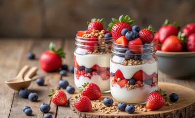 Delicious berry yogurt parfaits in jars