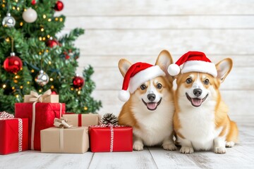Two corgi dogs wearing Santa hats beside Christmas gifts and tree.