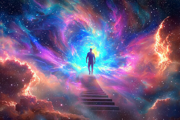 A luminous figure ascending toward light or cosmic realms, symbolizing personal growth, spiritual awakening, and connection with the higher self. Ideal for content on self-development, enlightenment, 