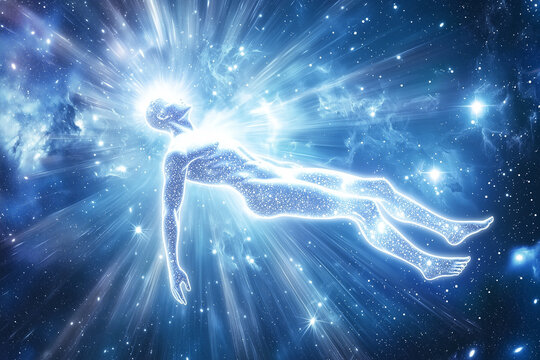 A luminous figure ascending toward light or cosmic realms, symbolizing personal growth, spiritual awakening, and connection with the higher self. Ideal for content on self-development, enlightenment, 