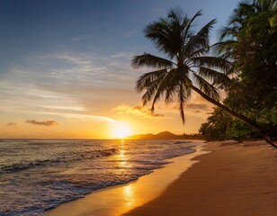 Fototapeta premium Calm Tropical Beach Fringed by Palm Trees, With Gentle Waves Lapping Against the Shore and a Brilliant Orange Sun Setting Over the Horizon on a Quiet Evening